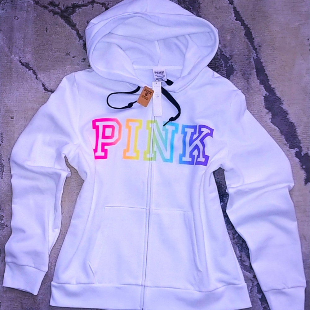 Victoria secret Pink rainbow logo hoodie full zip NWT Large white